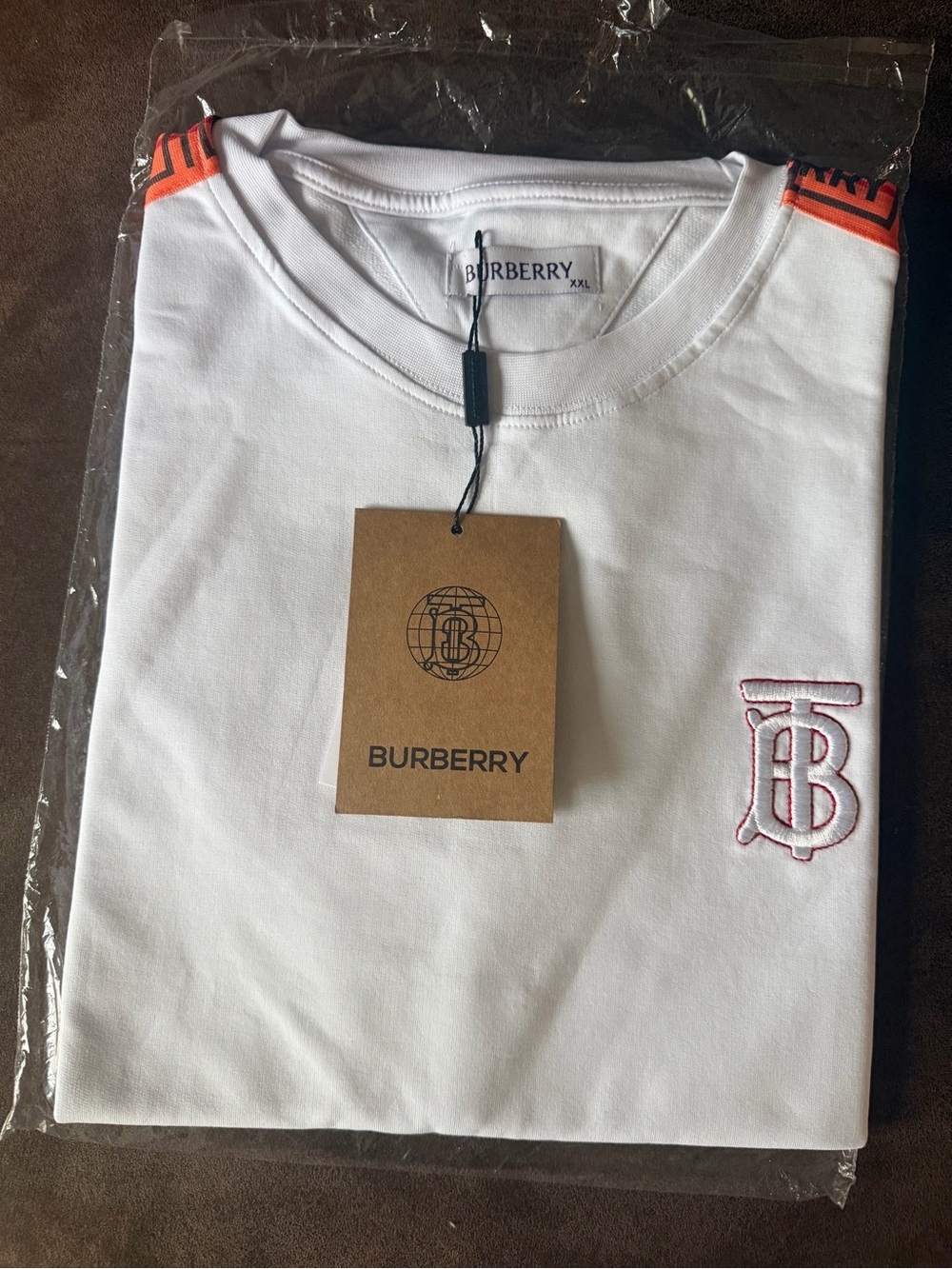 Burberry White Tee with Red TB Monogram and Shoulder Accents